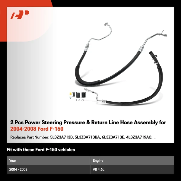 2 Pcs Power Steering Pressure & Return Line Hose Assembly for 2004-2008 Ford F-150