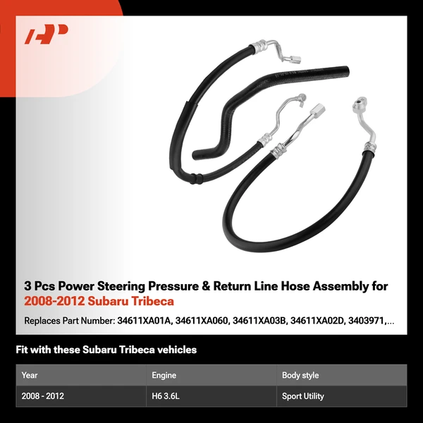 3 Pcs Power Steering Pressure & Return Line Hose Assembly for 2008-2012 Subaru Tribeca