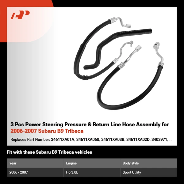 3 Pcs Power Steering Pressure & Return Line Hose Assembly for 2006-2007 Subaru B9 Tribeca