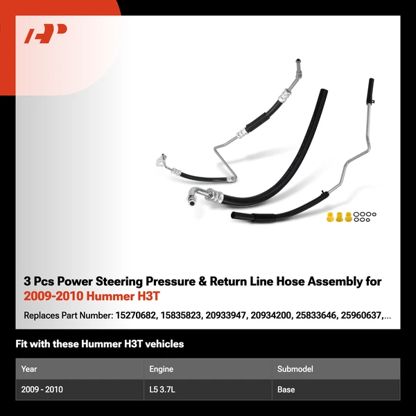 3 Pcs Power Steering Pressure & Return Line Hose Assembly for 2009-2010 Hummer H3T
