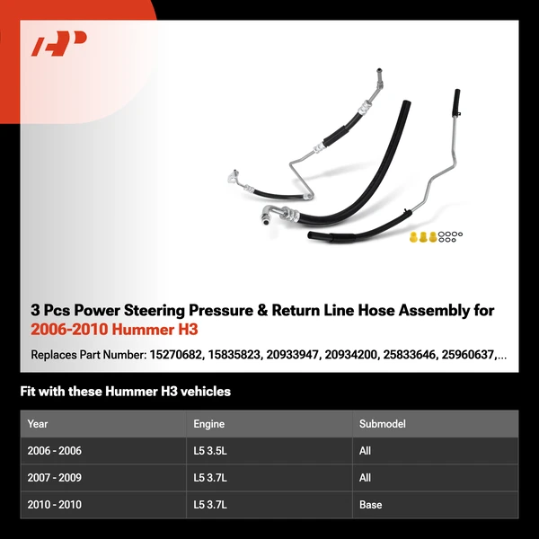 3 Pcs Power Steering Pressure & Return Line Hose Assembly for 2006-2010 Hummer H3