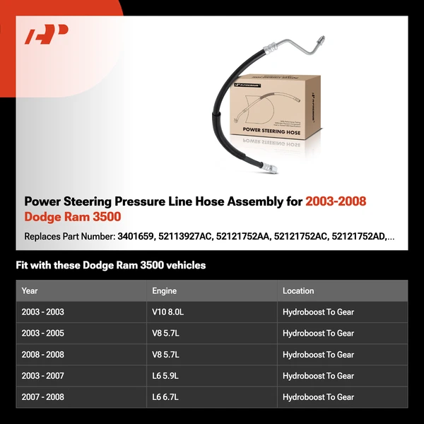 Power Steering Pressure Line Hose Assembly for 2003-2008 Dodge Ram 3500