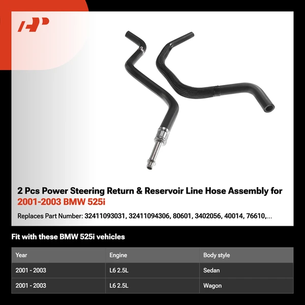 2 Pcs Power Steering Return & Reservoir Line Hose Assembly for 2001-2003 BMW 525i