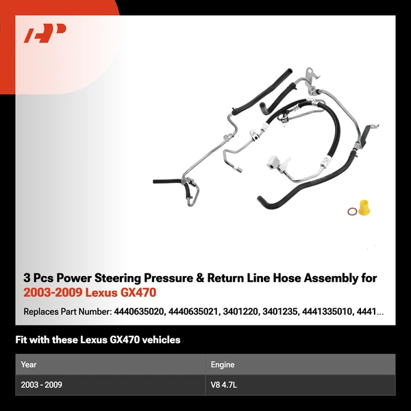 3 Pcs Power Steering Pressure & Return Line Hose Assembly for 2003-2009 Lexus GX470