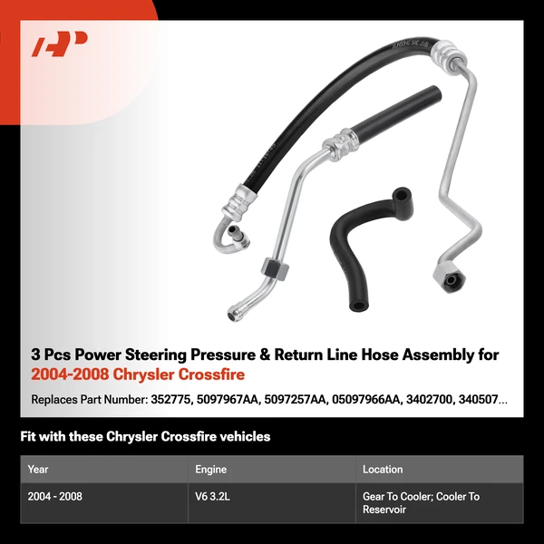 3 Pcs Power Steering Pressure & Return Line Hose Assembly for 2004-2008 Chrysler Crossfire