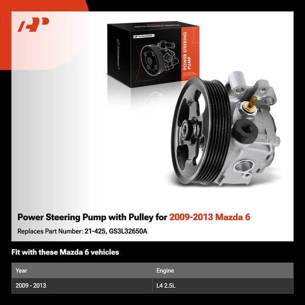 Power Steering Pump with Pulley for 2009-2013 Mazda 6