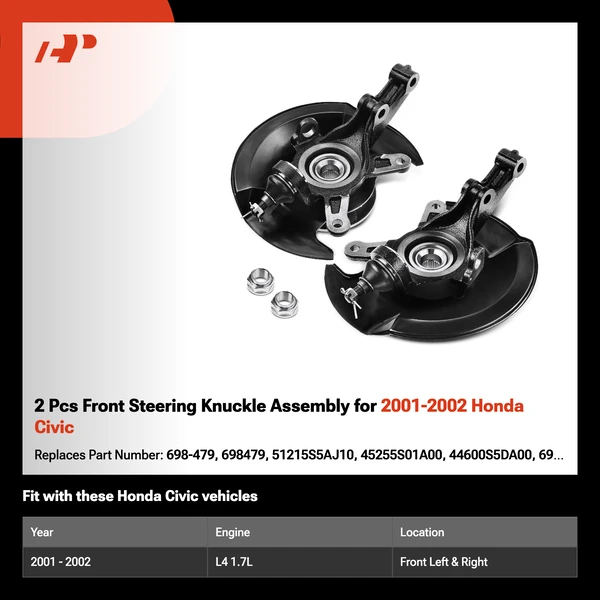 2 Pcs Front Steering Knuckle Assembly for 2001-2002 Honda Civic