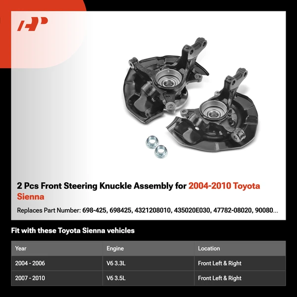 2 Pcs Front Steering Knuckle Assembly for 2004-2010 Toyota Sienna