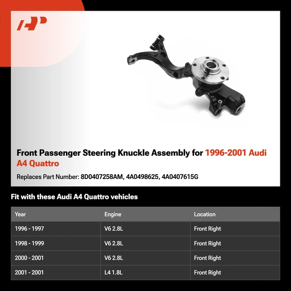 Front Passenger Steering Knuckle Assembly for 1996-2001 Audi A4 Quattro