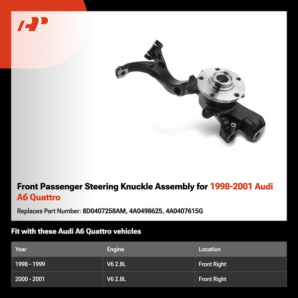 Front Passenger Steering Knuckle Assembly for 1998-2001 Audi A6 Quattro