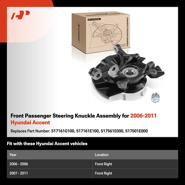Front Passenger Steering Knuckle Assembly for 2006-2011 Hyundai Accent