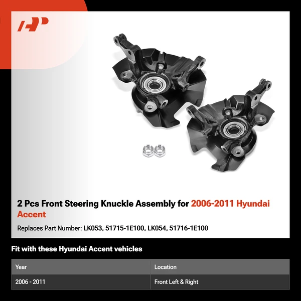 2 Pcs Front Steering Knuckle Assembly for 2006-2011 Hyundai Accent