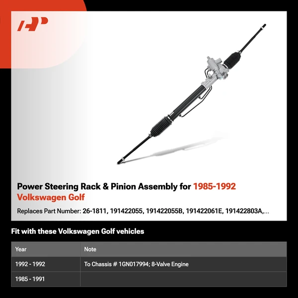 Power Steering Rack & Pinion Assembly for 1985-1992 Volkswagen Golf