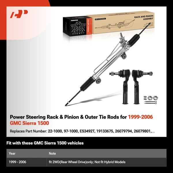 Power Steering Rack & Pinion & Outer Tie Rods for 1999-2006 GMC Sierra 1500