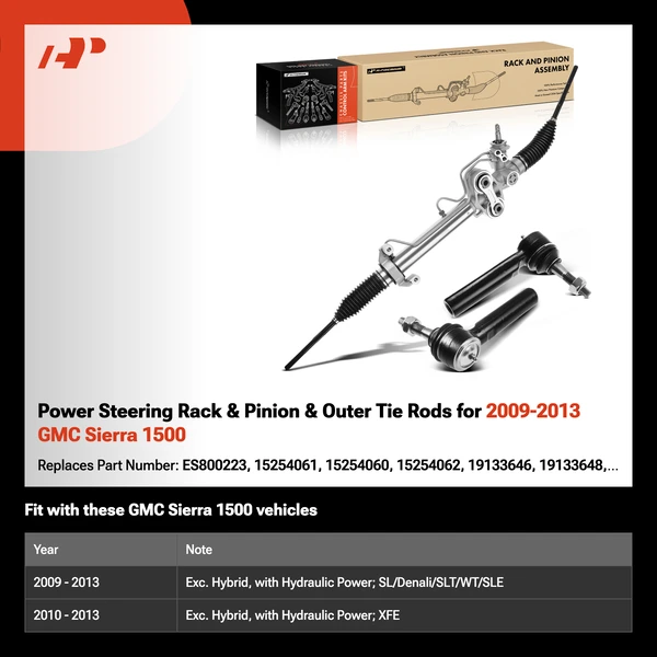 Power Steering Rack & Pinion & Outer Tie Rods for 2009-2013 GMC Sierra 1500