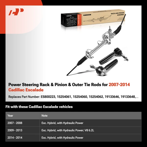 Power Steering Rack & Pinion & Outer Tie Rods for 2007-2014 Cadillac Escalade