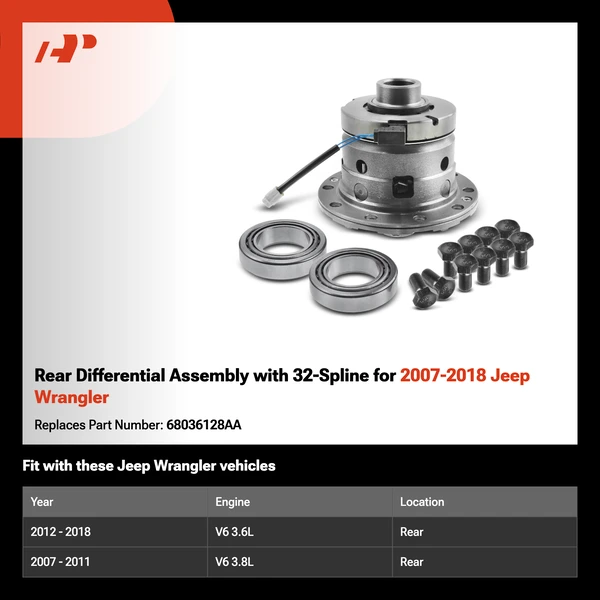 Rear Differential Assembly with 32-Spline for 2007-2018 Jeep Wrangler