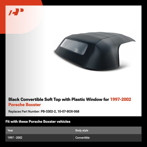 Black Convertible Soft Top with Plastic Window for 1997-2002 Porsche Boxster