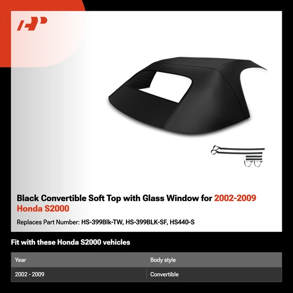 Black Convertible Soft Top with Glass Window for 2002-2009 Honda S2000
