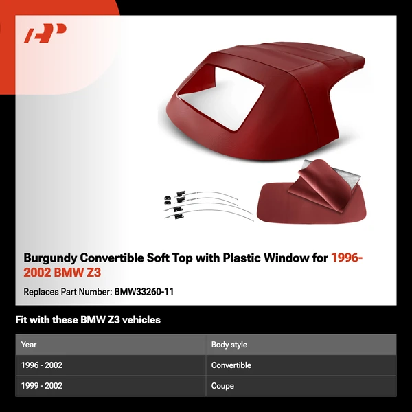 Burgundy Convertible Soft Top with Plastic Window for 1996-2002 BMW Z3