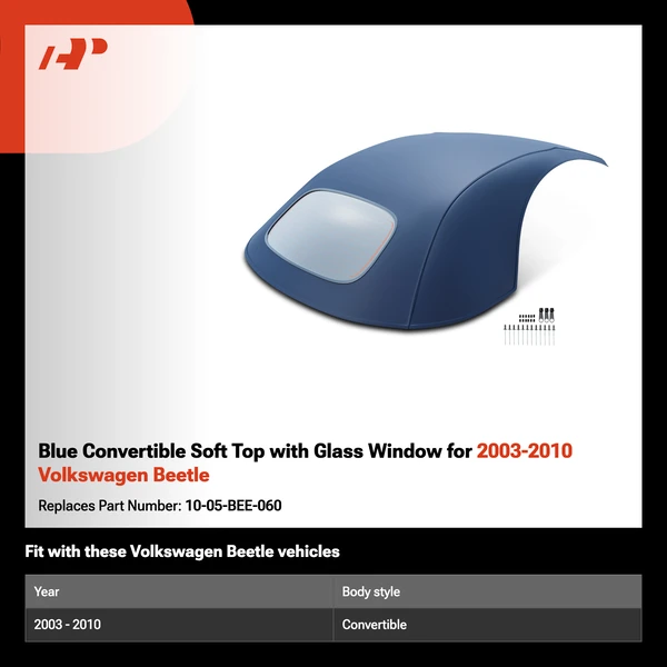 Blue Convertible Soft Top with Glass Window for 2003-2010 Volkswagen Beetle
