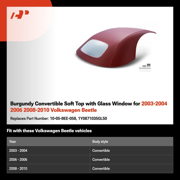 Burgundy Convertible Soft Top with Glass Window for 2003-2004 2006 2008-2010 Volkswagen Beetle