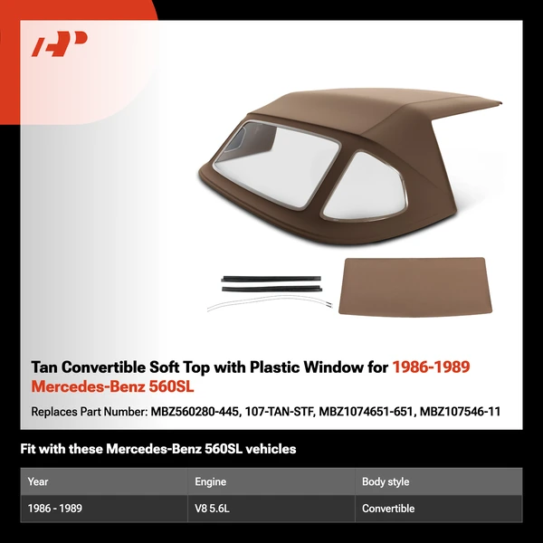 Tan Convertible Soft Top with Plastic Window for 1986-1989 Mercedes-Benz 560SL