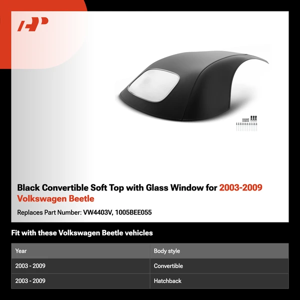 Black Convertible Soft Top with Glass Window for 2003-2009 Volkswagen Beetle