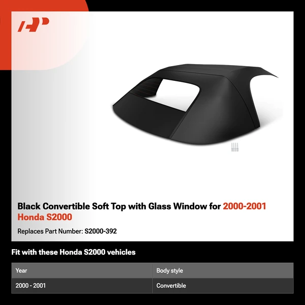 Black Convertible Soft Top with Glass Window for 2000-2001 Honda S2000