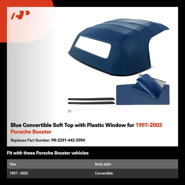 Blue Convertible Soft Top with Plastic Window for 1997-2002 Porsche Boxster