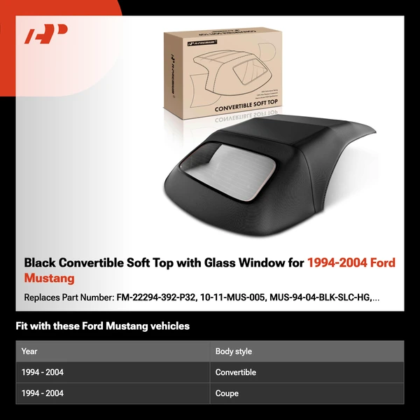 Black Convertible Soft Top with Glass Window for 1994-2004 Ford Mustang