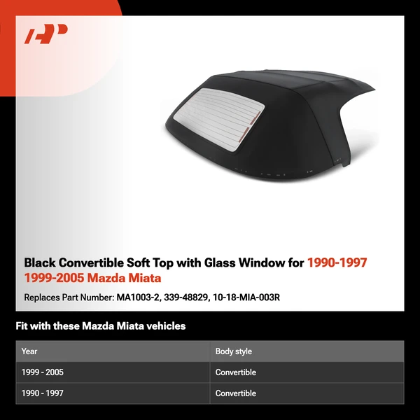 Black Convertible Soft Top with Glass Window for 1990-1997 1999-2005 Mazda Miata