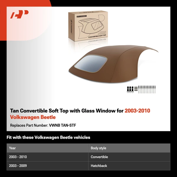 Tan Convertible Soft Top with Glass Window for 2003-2010 Volkswagen Beetle