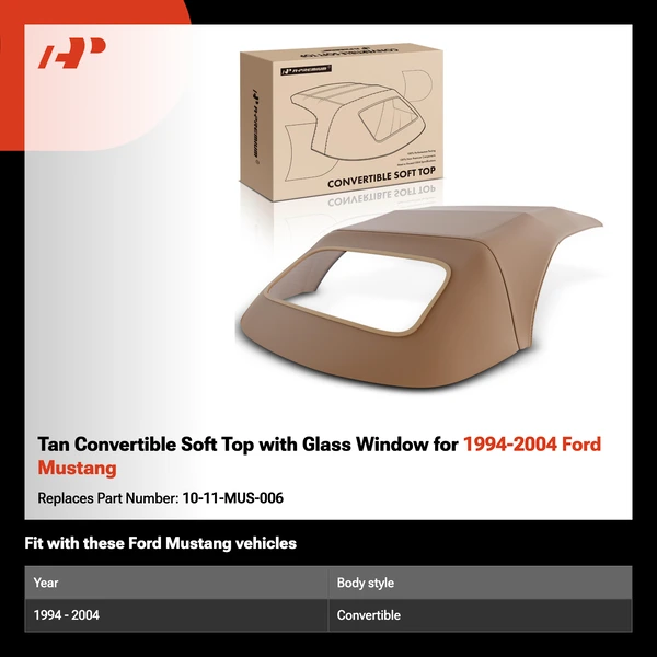 Tan Convertible Soft Top with Glass Window for 1994-2004 Ford Mustang