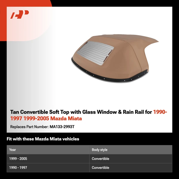 Tan Convertible Soft Top with Glass Window & Rain Rail for 1990-1997 1999-2005 Mazda Miata
