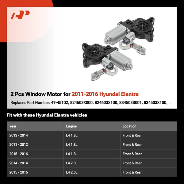 2 Pcs Window Motor for 2011-2016 Hyundai Elantra