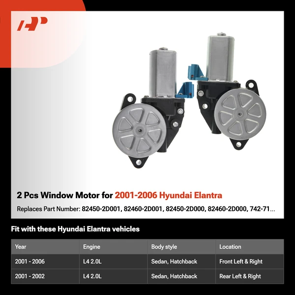 2 Pcs Window Motor for 2001-2006 Hyundai Elantra