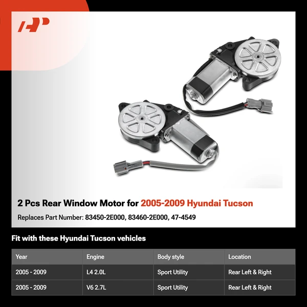 2 Pcs Rear Window Motor for 2005-2009 Hyundai Tucson