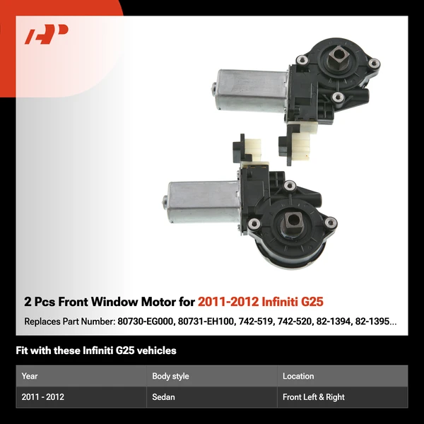 2 Pcs Front Window Motor for 2011-2012 Infiniti G25