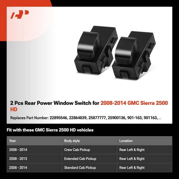 2 Pcs Rear Power Window Switch for 2008-2014 GMC Sierra 2500 HD