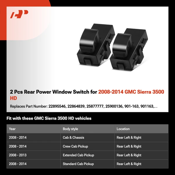 2 Pcs Rear Power Window Switch for 2008-2014 GMC Sierra 3500 HD
