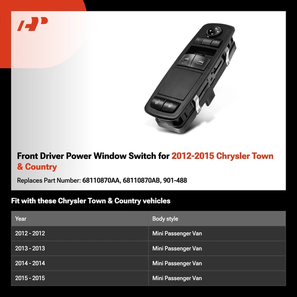 Front Driver Power Window Switch for 2012-2015 Chrysler Town & Country