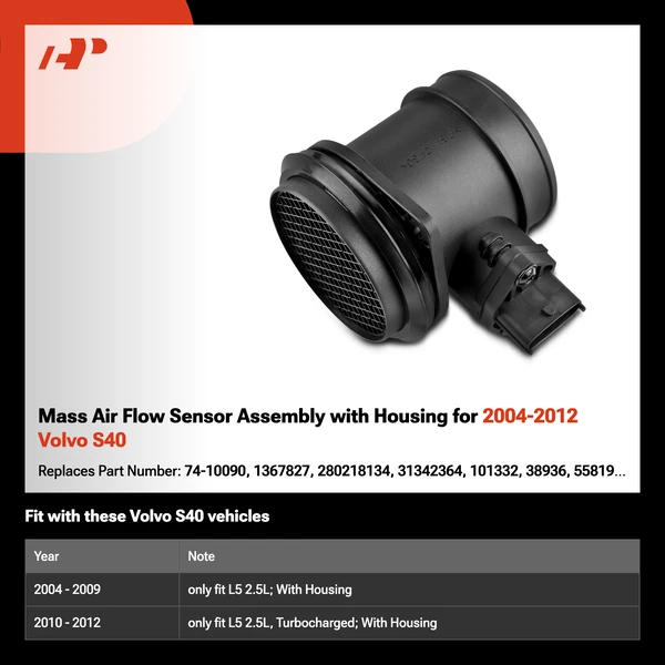 Mass Air Flow Sensor Assembly with Housing for 2004-2012 Volvo S40
