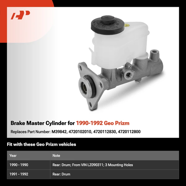 Brake Master Cylinder for 1990-1992 Geo Prizm
