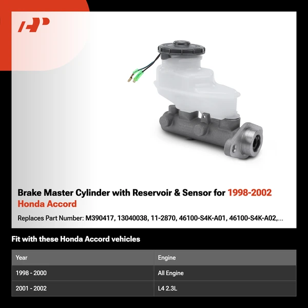 Brake Master Cylinder with Reservoir & Sensor for 1998-2002 Honda Accord