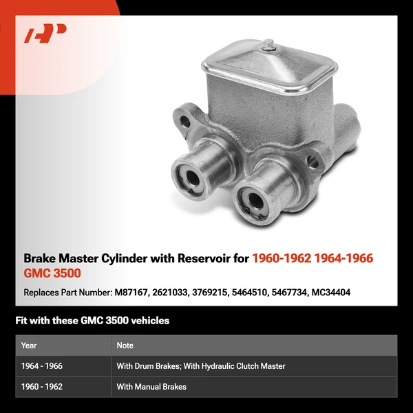 Brake Master Cylinder with Reservoir for 1960-1962 1964-1966 GMC 3500