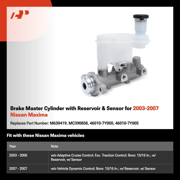 Brake Master Cylinder with Reservoir & Sensor for 2003-2007 Nissan Maxima