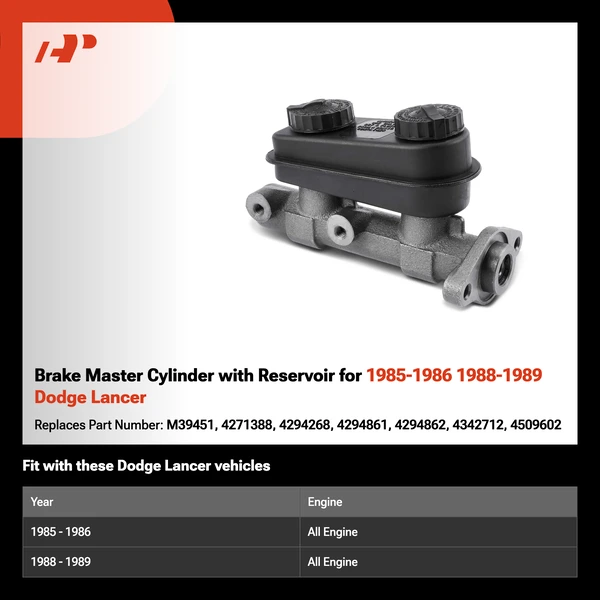 Brake Master Cylinder with Reservoir for 1985-1986 1988-1989 Dodge Lancer