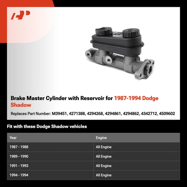 Brake Master Cylinder with Reservoir for 1987-1994 Dodge Shadow