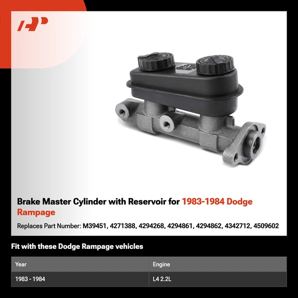 Brake Master Cylinder with Reservoir for 1983-1984 Dodge Rampage